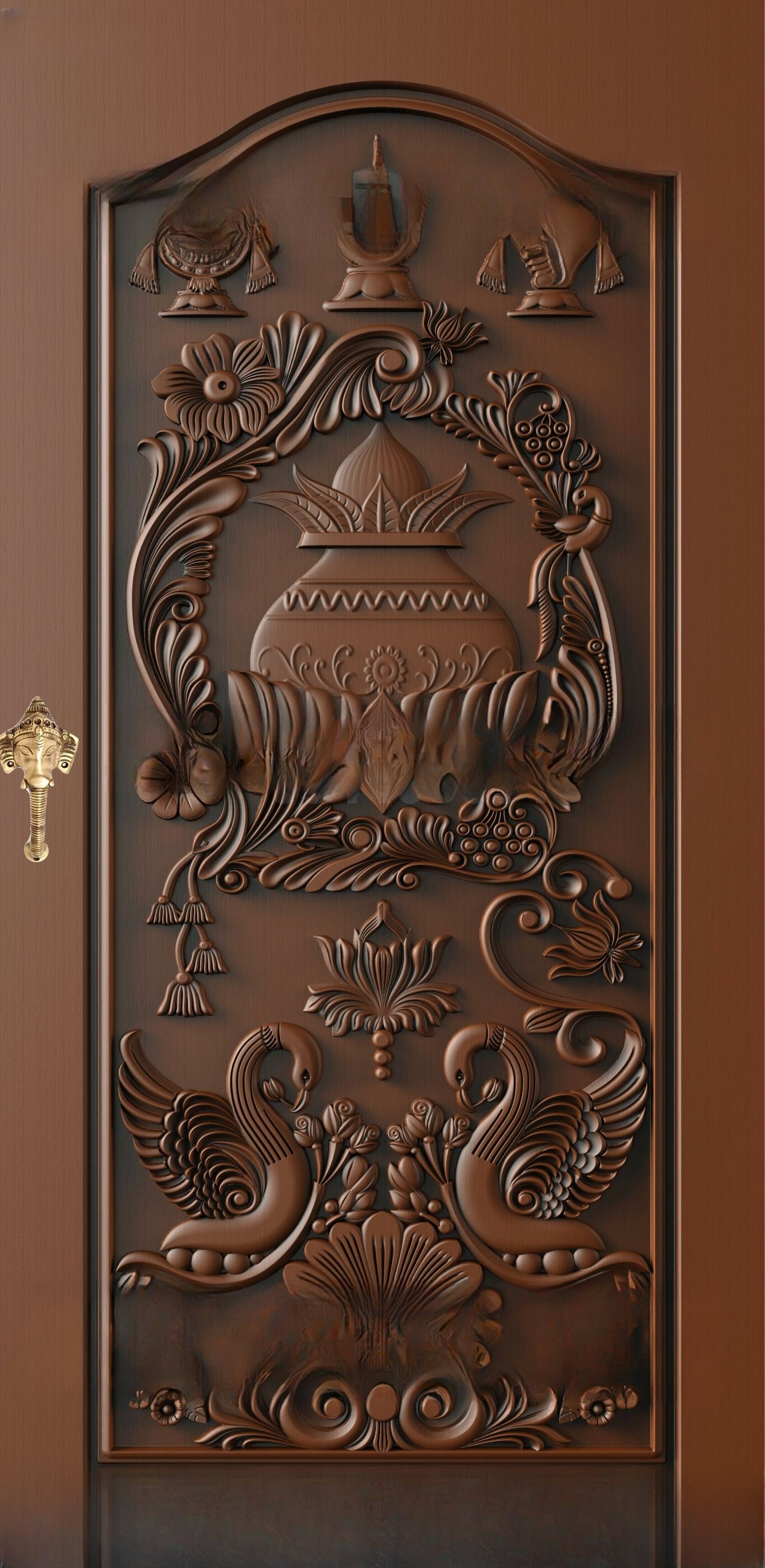 God Doors - GD-11 Traditional Kalash and Swan Motif Carved Wooden Door 3D Model